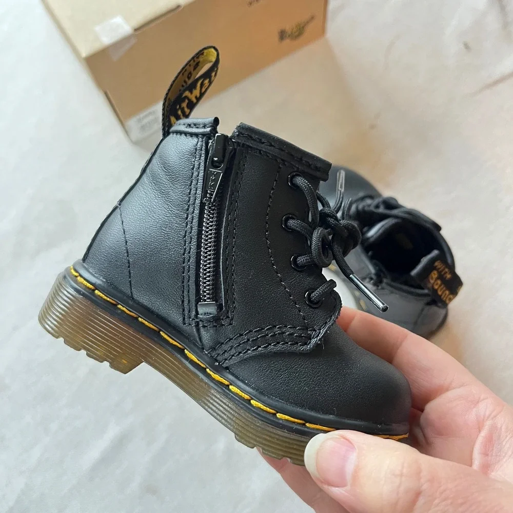 Dr. Martens 1460 I Infants‎ Black Leather Lace Up Side Zip Boots Size 4 US 19 EU
